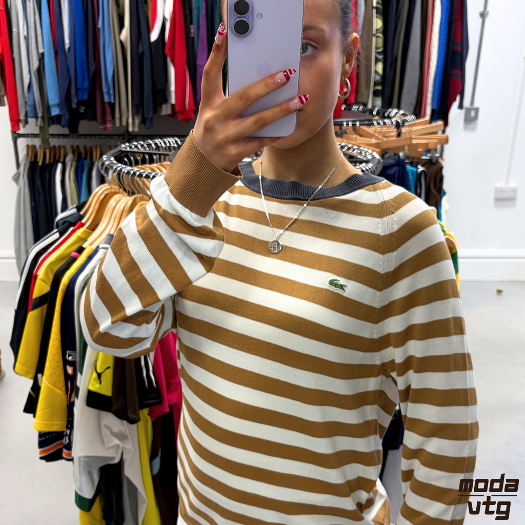 Vintage Y2K Lacoste Knitted Jumper Brown Medium Unisex Retro Striped Lightweight