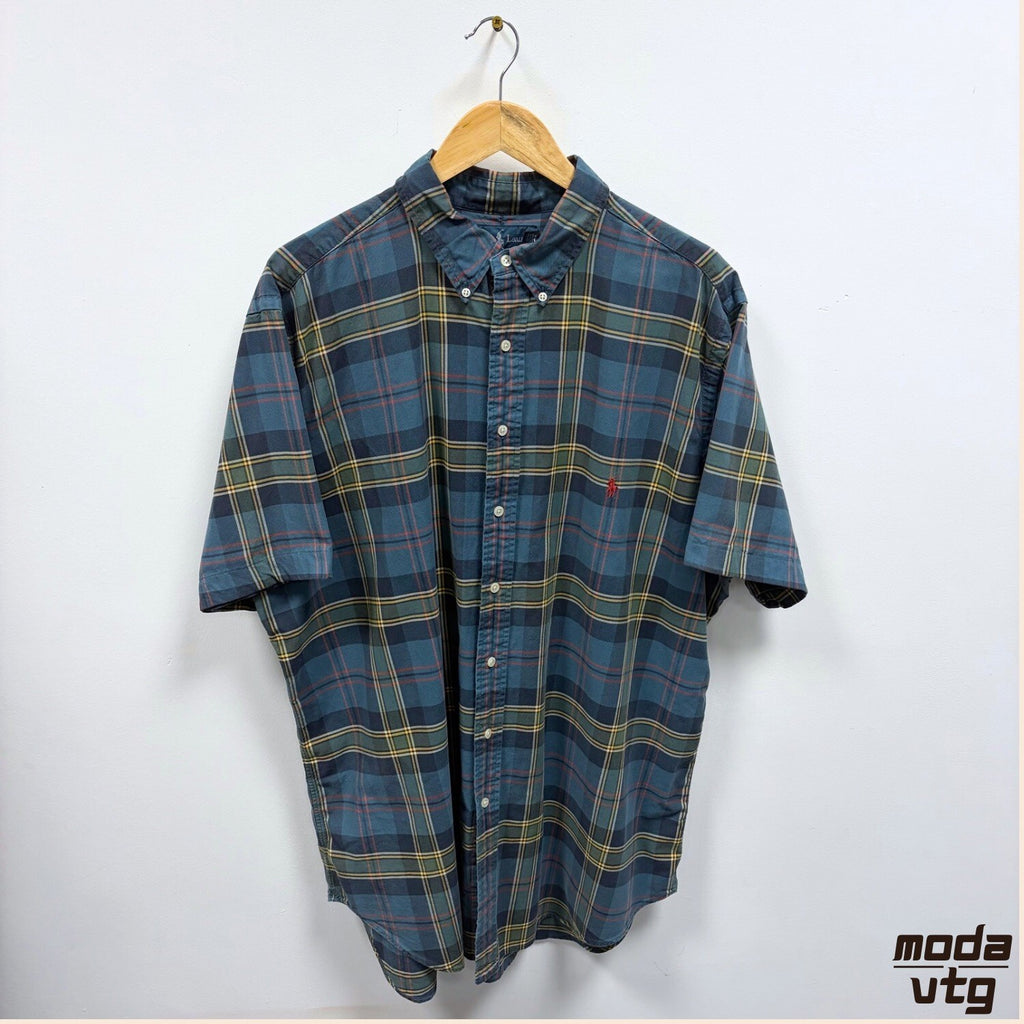 Ralph Lauren Button-Up Shirt Blue XL Plaid Short Sleeve Classic Fit Button-Down