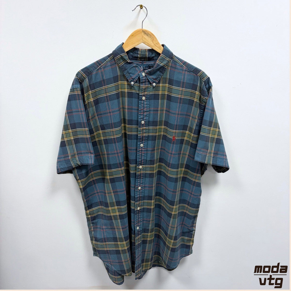 Ralph Lauren Button-Up Shirt Blue XL Plaid Short Sleeve Classic Fit Button-Down