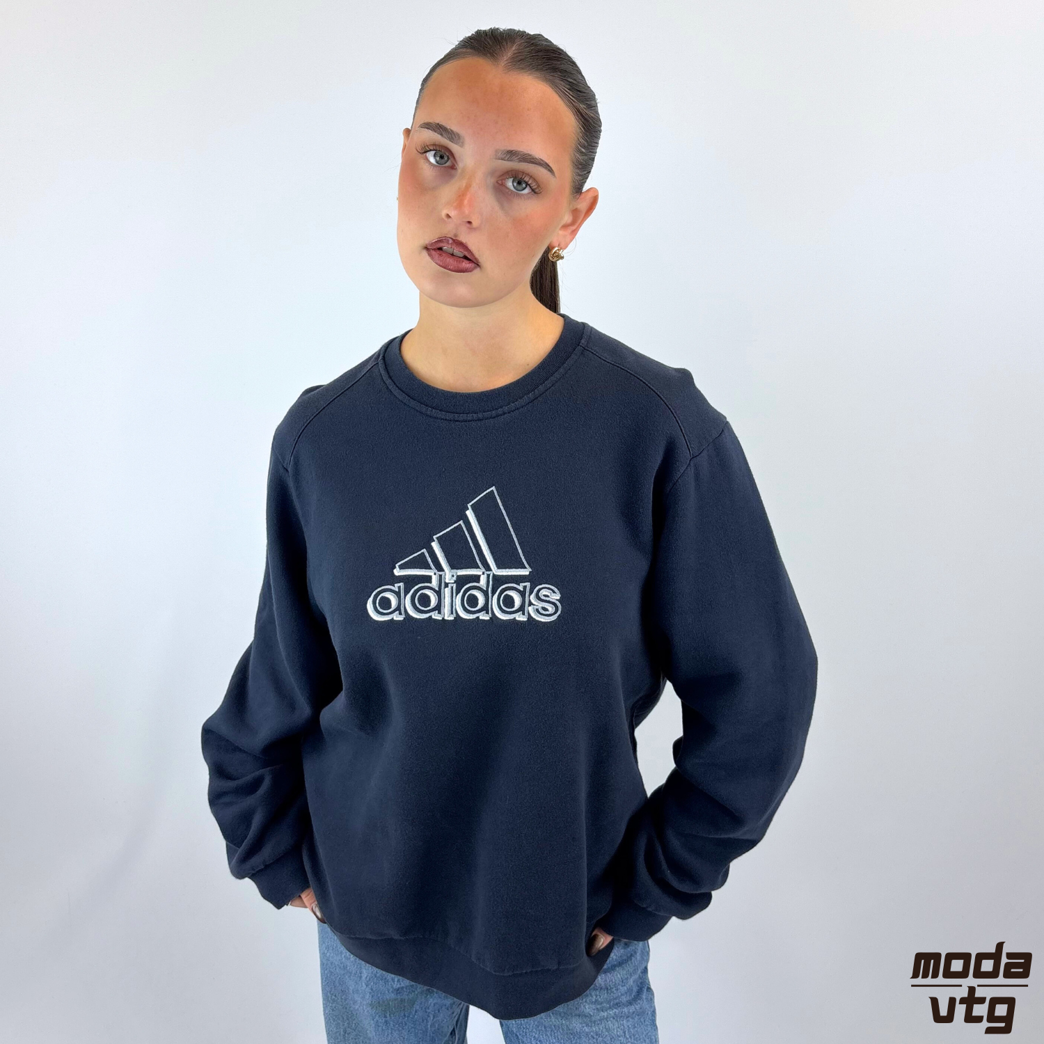 Vintage Y2K Adidas Sweatshirt Navy Medium