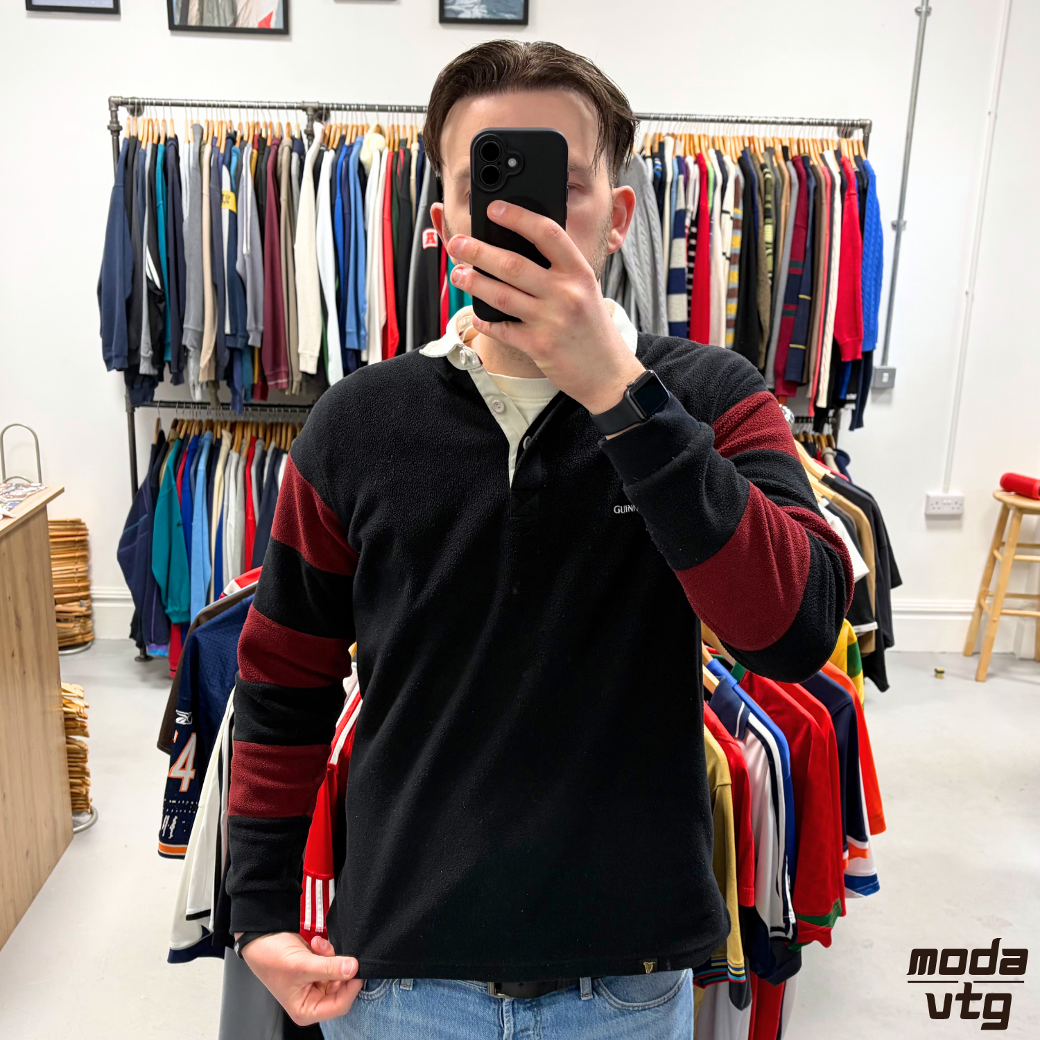 Vintage Y2K Guinness Rugby Polo Fleece Burgundy Black Large Striped Unisex Retro