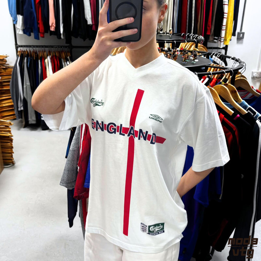 Vintage Y2K England T-Shirt White Large BNWT Umbro Retro Carslberg