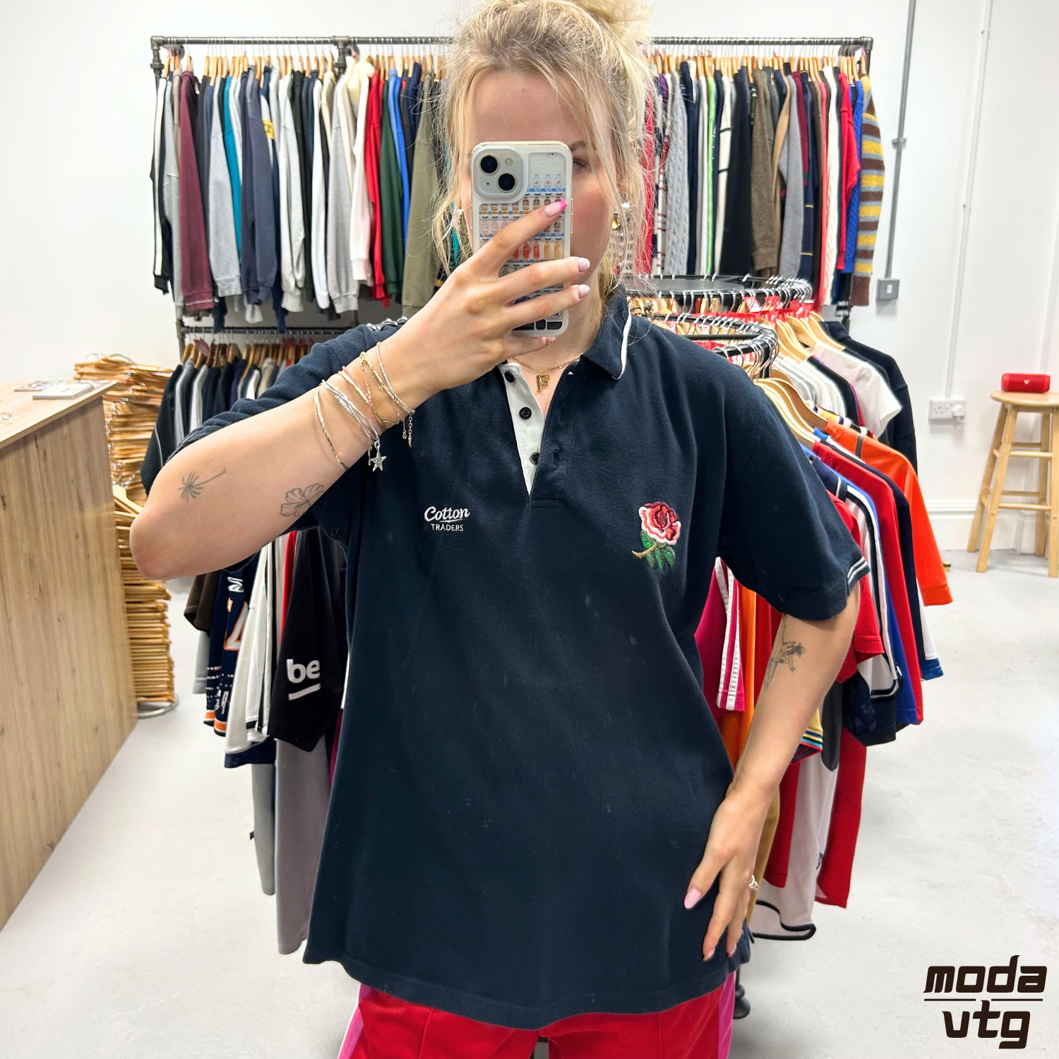 Vintage Y2K England Rugby Polo Navy Medium Cotton Traders Retro Unisex Summer