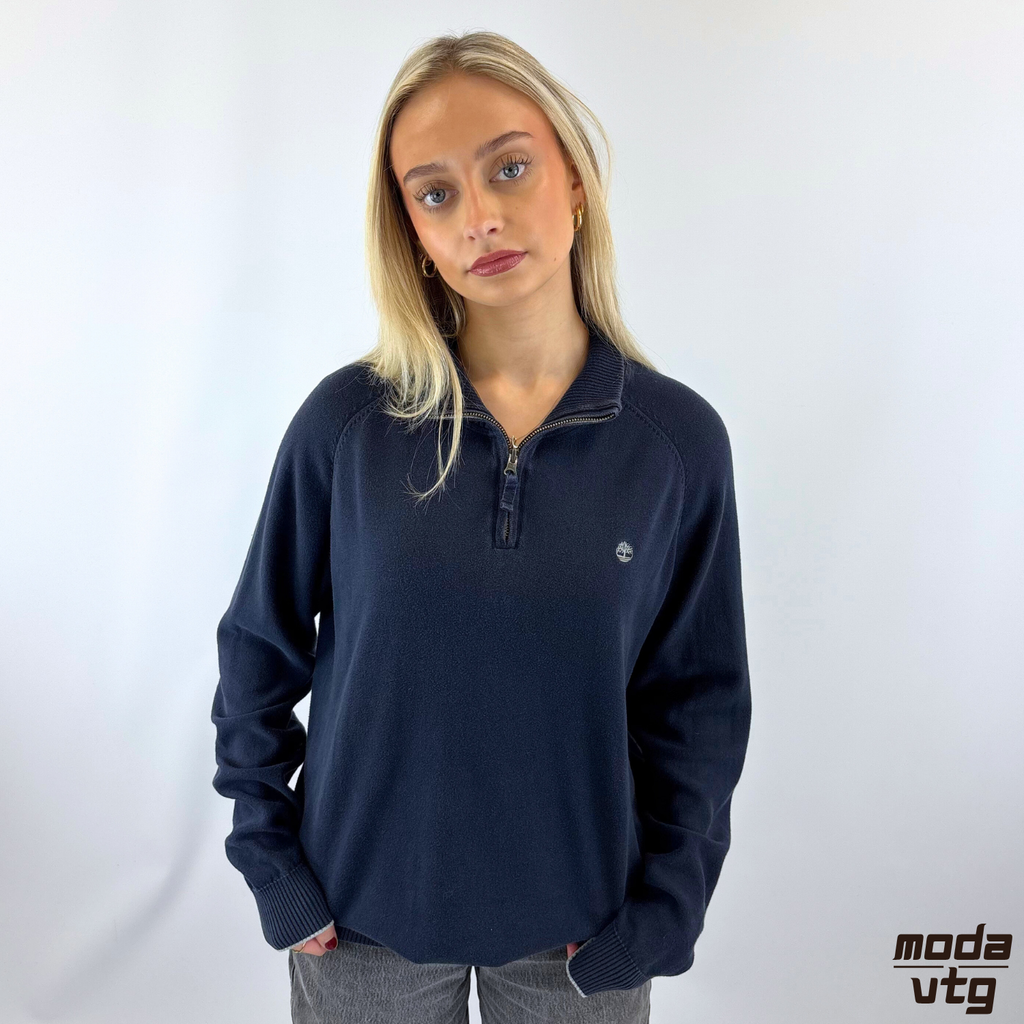 Vintage Y2K Timberland Knitted Jumper Navy Medium Quarter Zip