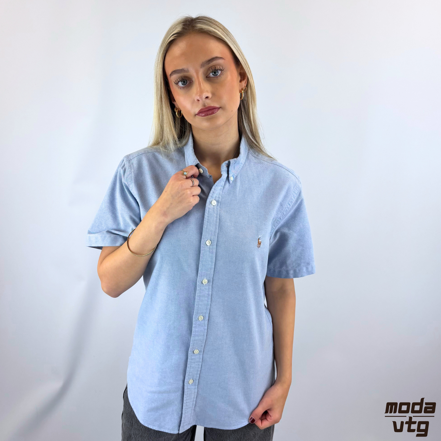 Vintage Y2K Ralph Lauren Blue Medium Short Sleeve Slim Fit Cotton