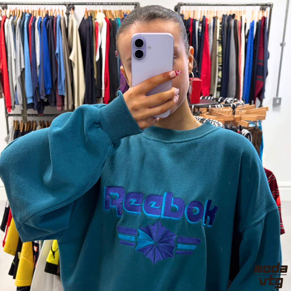Vintage Y2K Reebok Sweatshirt Turquoise Large Retro Unisex