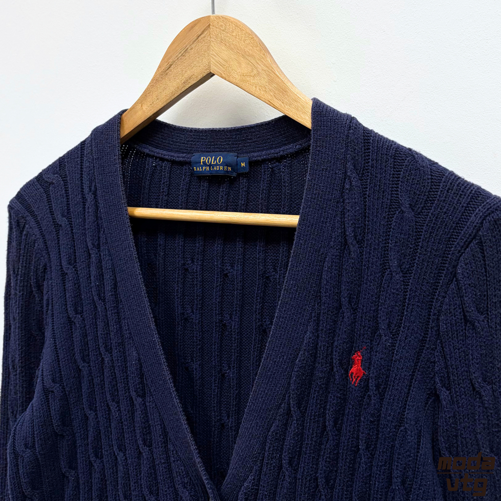 Vintage Y2K Ralph Lauren Knitted Cardigan Navy Small Cable Unisex Retro