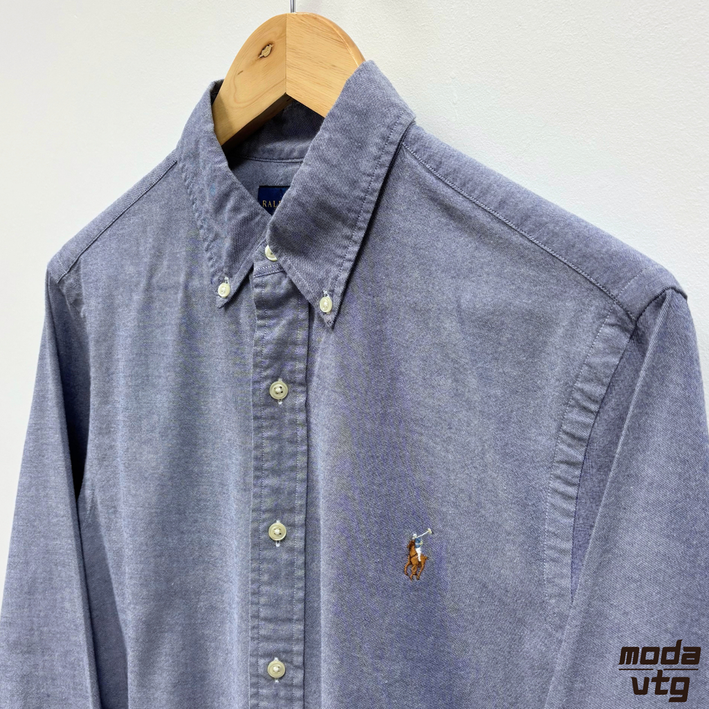 Vintage Y2K Ralph Lauren Shirt Blue Medium Long Sleeve Slim Stretched Oxford