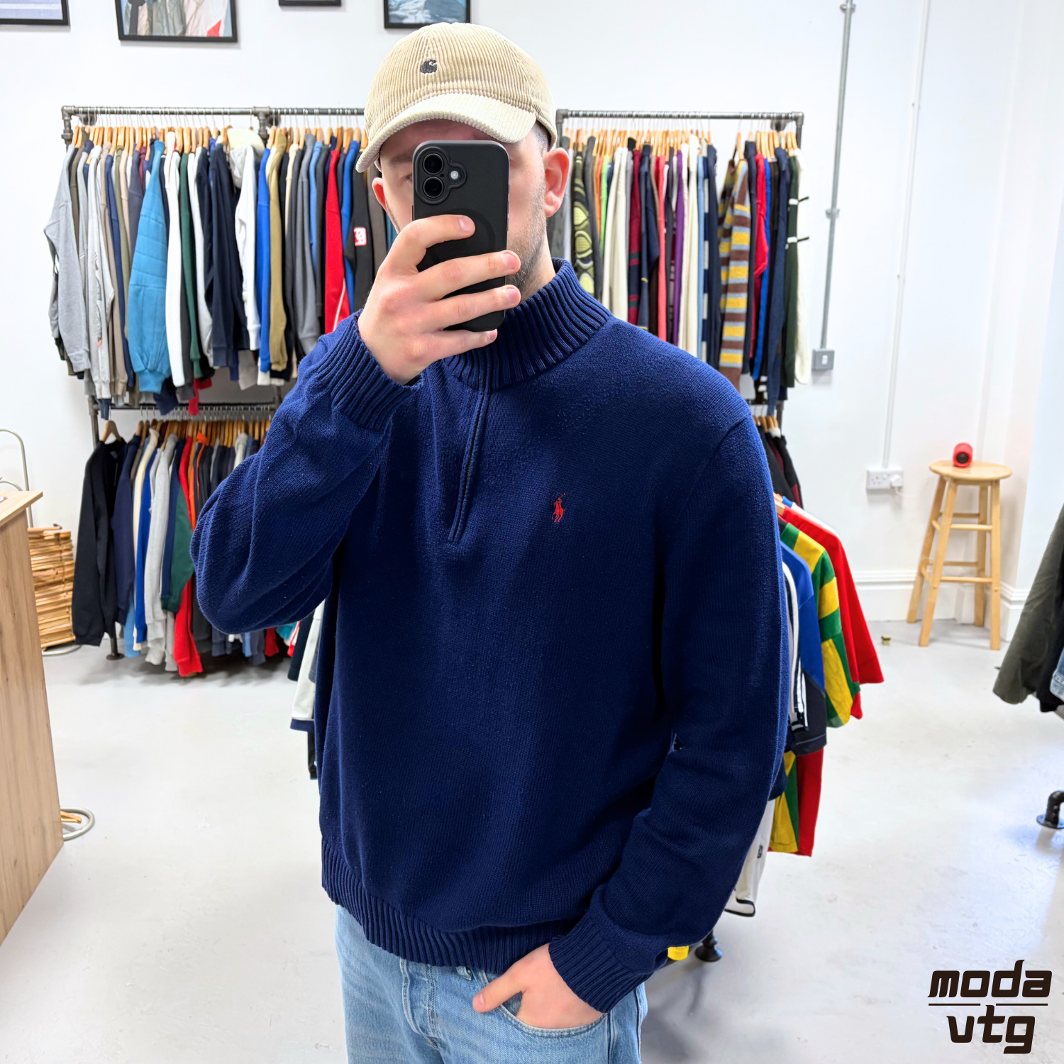 Vintage Y2K Ralph Lauren Knitted Jumper Navy XL Quarter Zip Retro