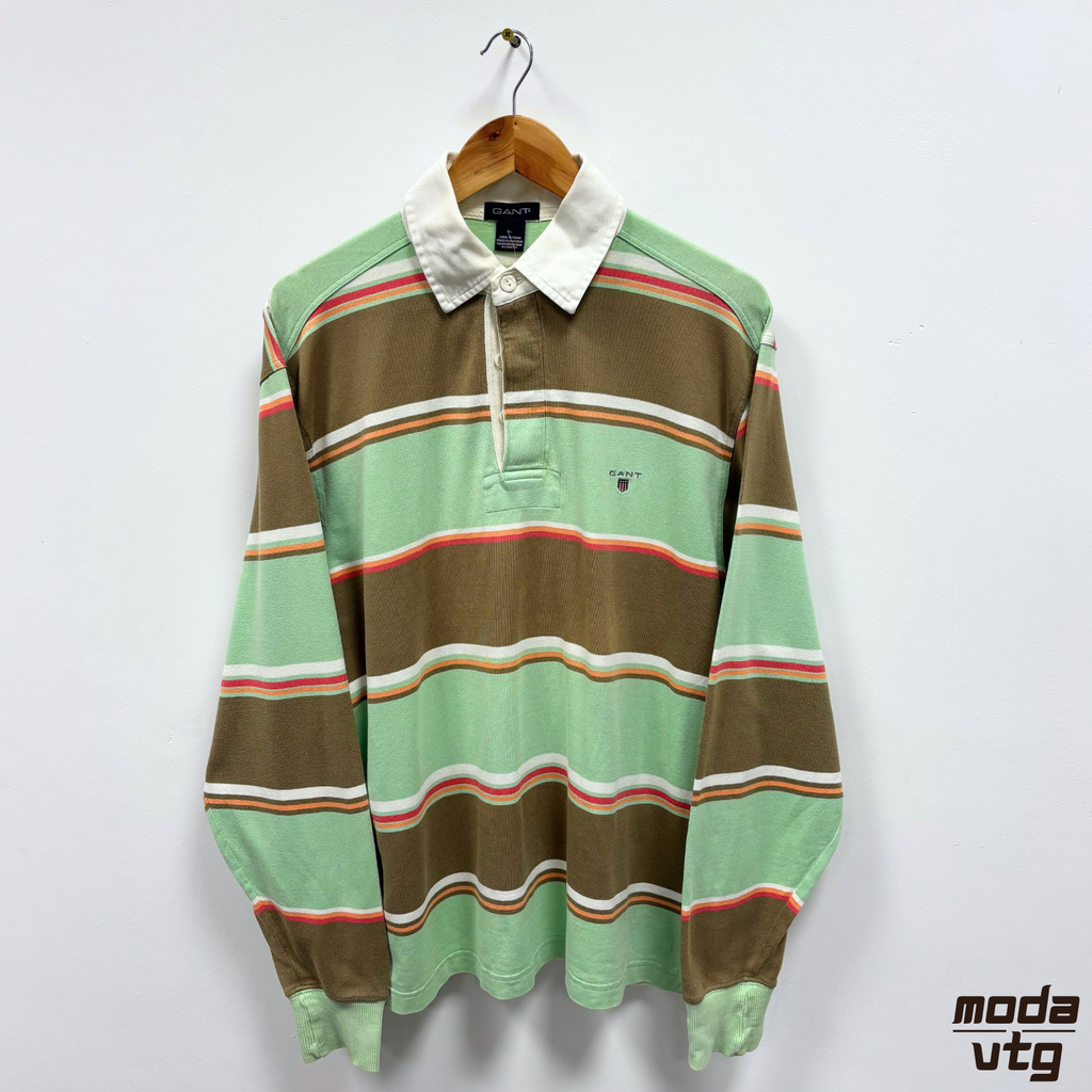Vintage Y2K GANT Rugby Polo Brown Green Large Striped Retro