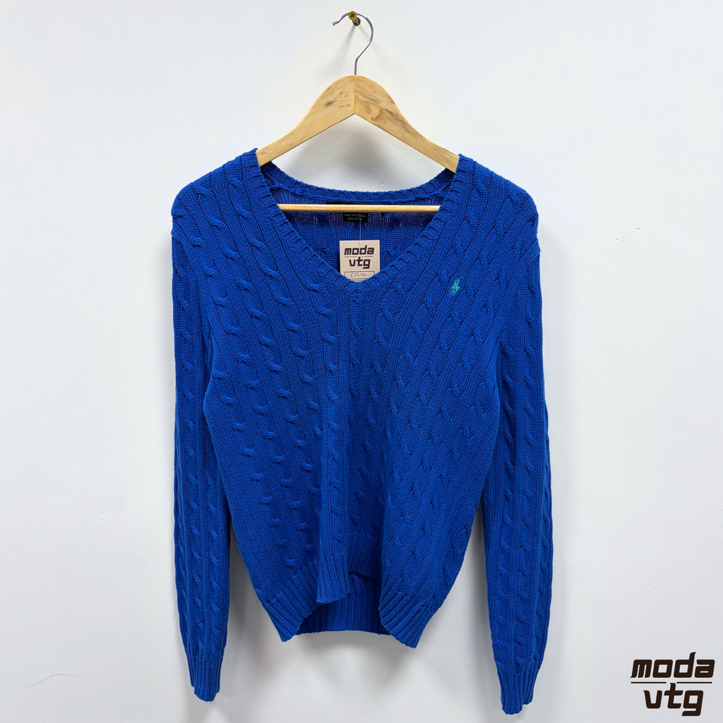 Vintage Y2K Ralph Lauren Knitted Jumper Blue Women’s Medium Cable V-Neck