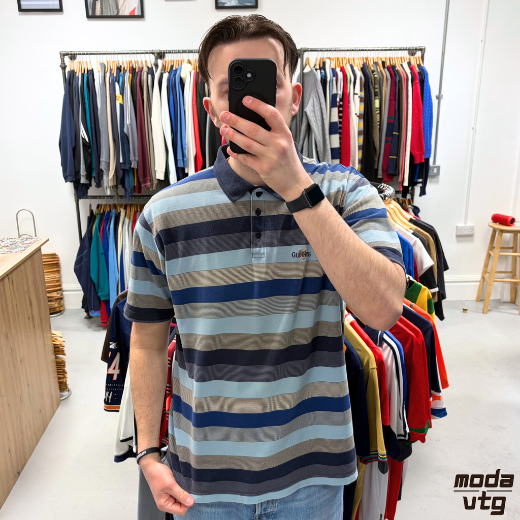 Vintage Y2K Guinness Polo Blue XL Retro Striped Unisex