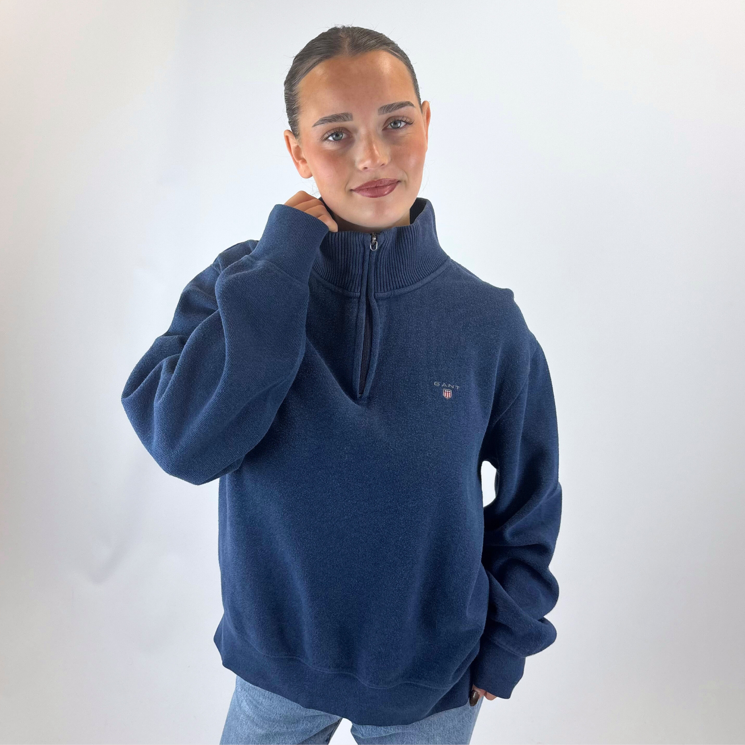 Vintage Y2K GANT Knitted Sweatshirt Blue Large Quarter Zip