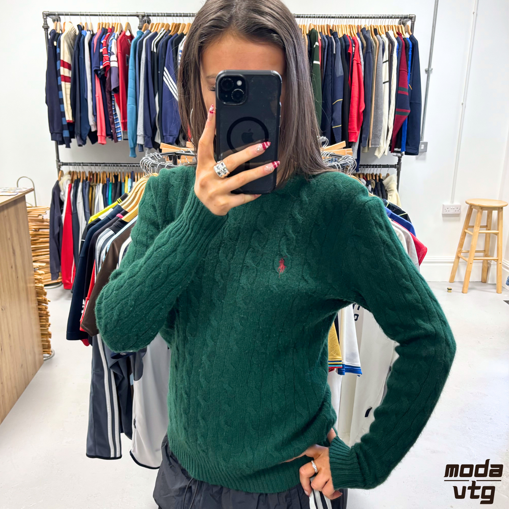 Vintage Y2K Ralph Lauren Knitted Jumper Green Small Retro Unisex Cable