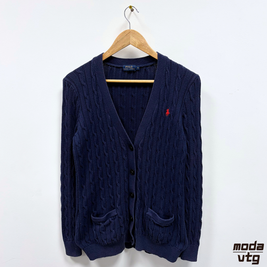 Vintage Y2K Ralph Lauren Knitted Cardigan Navy Small Cable Unisex Retro