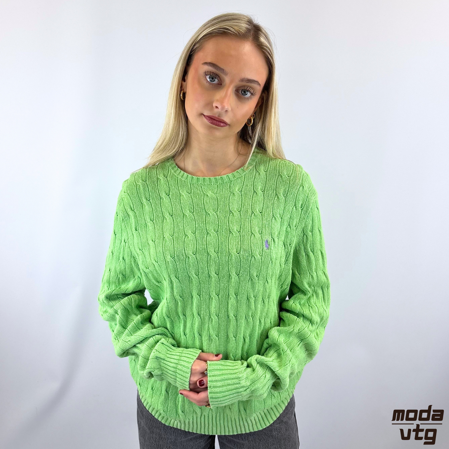 Vintage Y2K Ralph Lauren Knitted Jumper Green Medium Cable