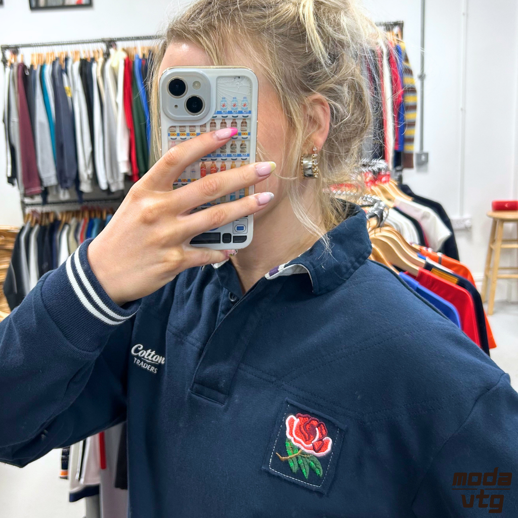 Vintage Y2K England Rugby Polo Navy Medium Cotton Traders Retro Unisex