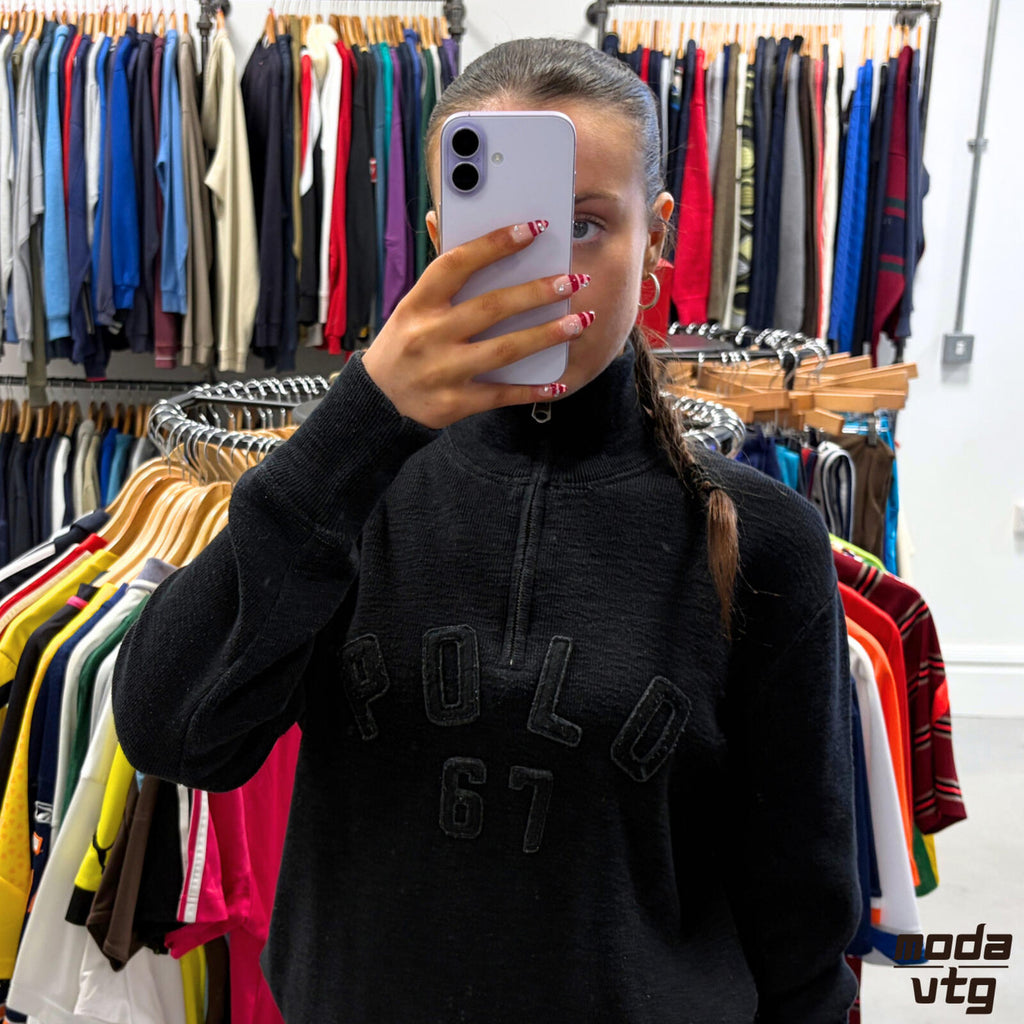 Vintage Y2K Ralph Lauren Knitted Sweatshirt Black Small Unisex Retro Quarter Zip