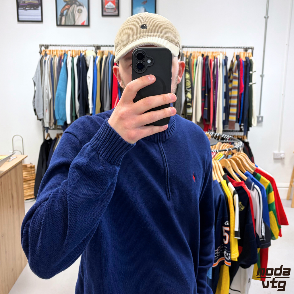 Vintage Y2K Ralph Lauren Knitted Jumper Navy XL Quarter Zip Retro
