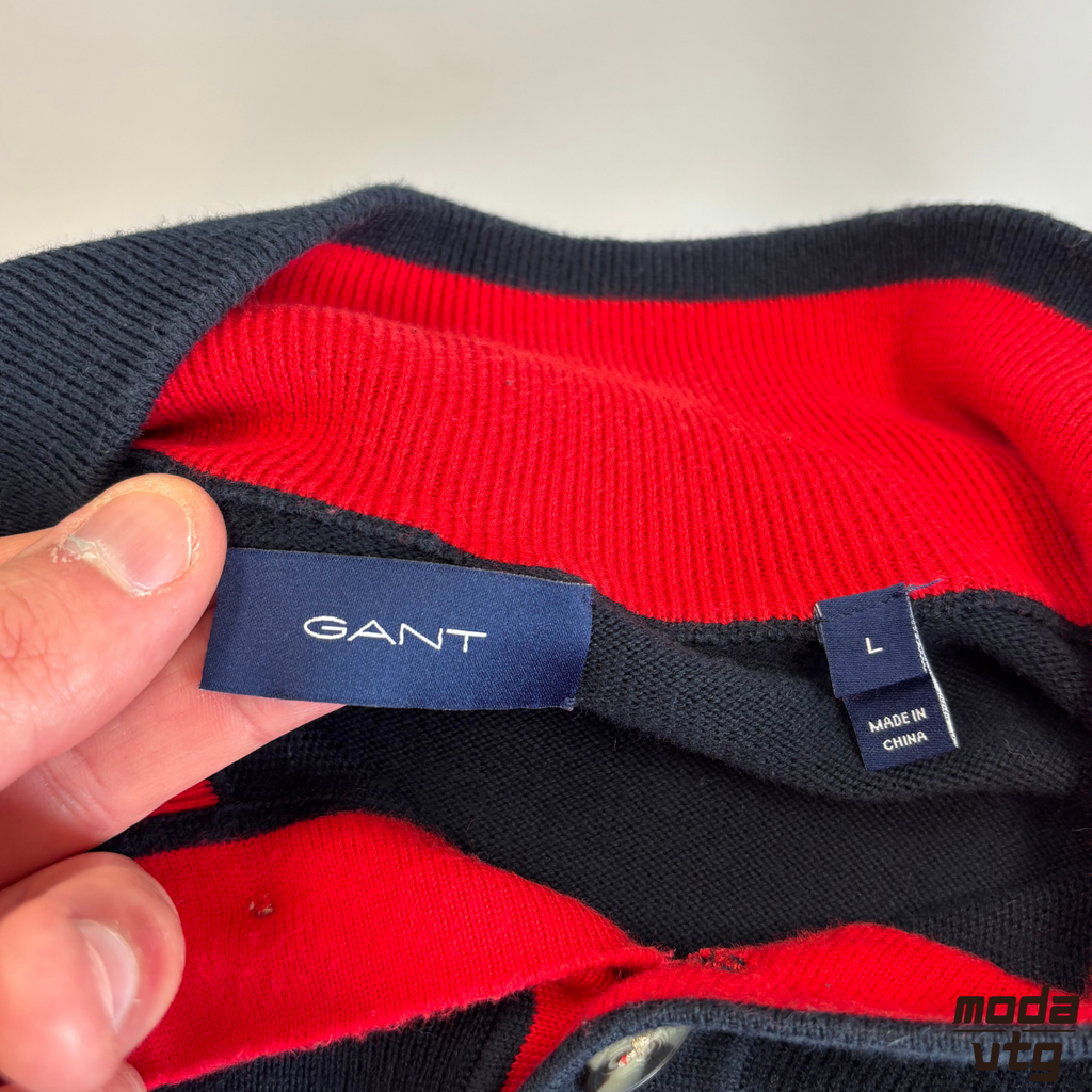 Vintage Y2K GANT Knitted Jumper Navy Large Buttoned High Neck