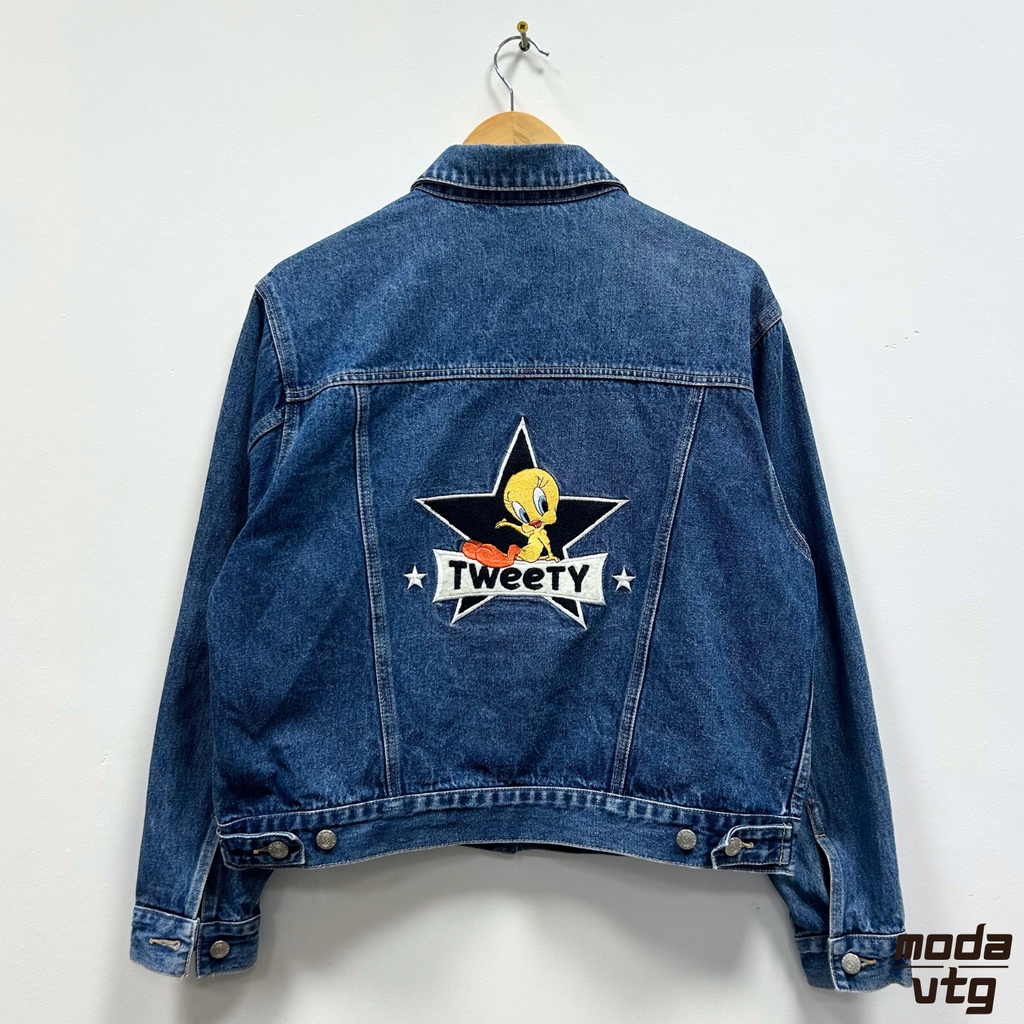 Vintage 90s Warner Bros Denim Jacket Blue Women’s Small Tweety Short Cut