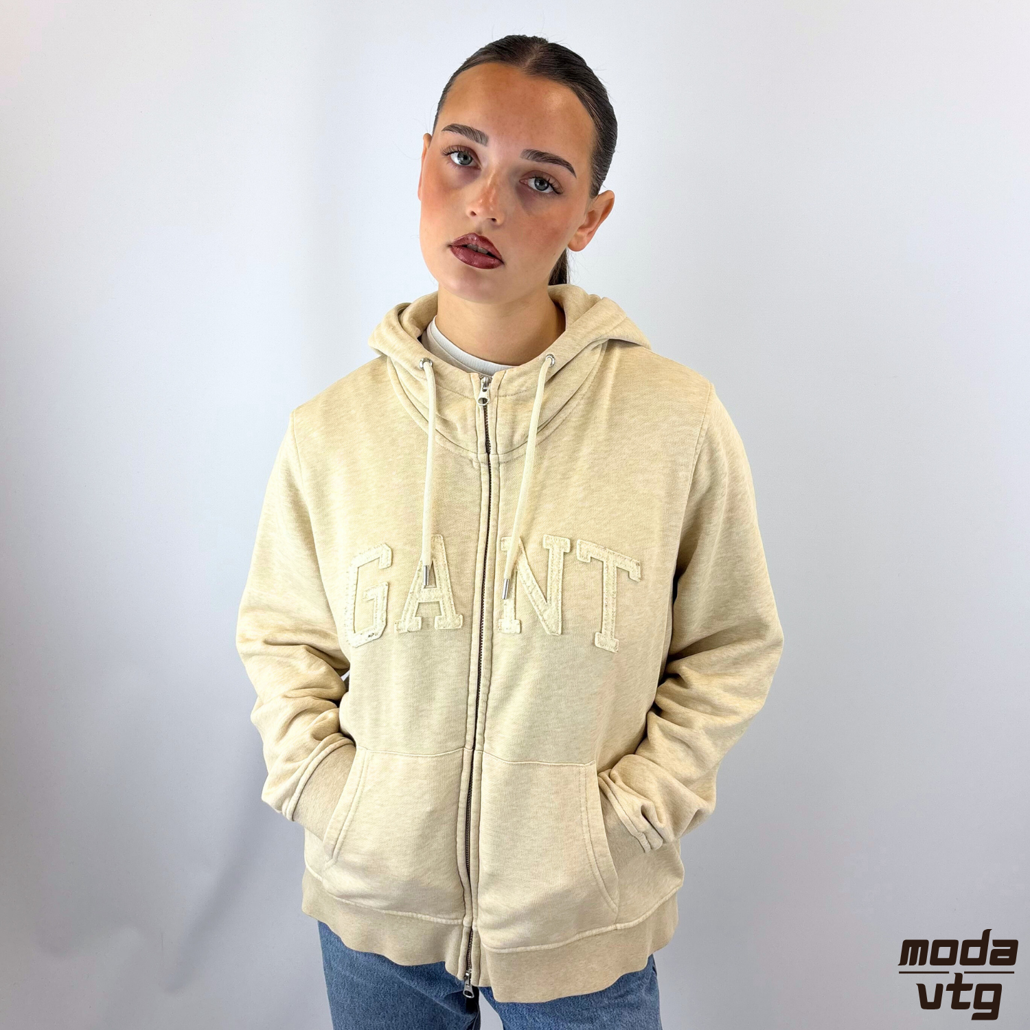 Vintage Y2K GANT Hoodie Beige Small Fill Zip