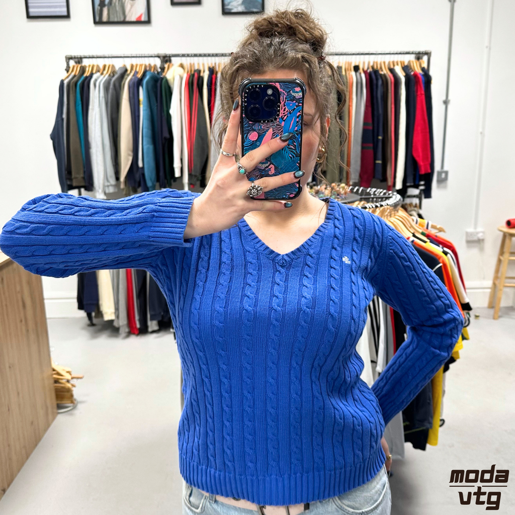 Vintage Y2K Ralph Lauren Knitted Jumper Blue Women’s Small Cable V-Neck