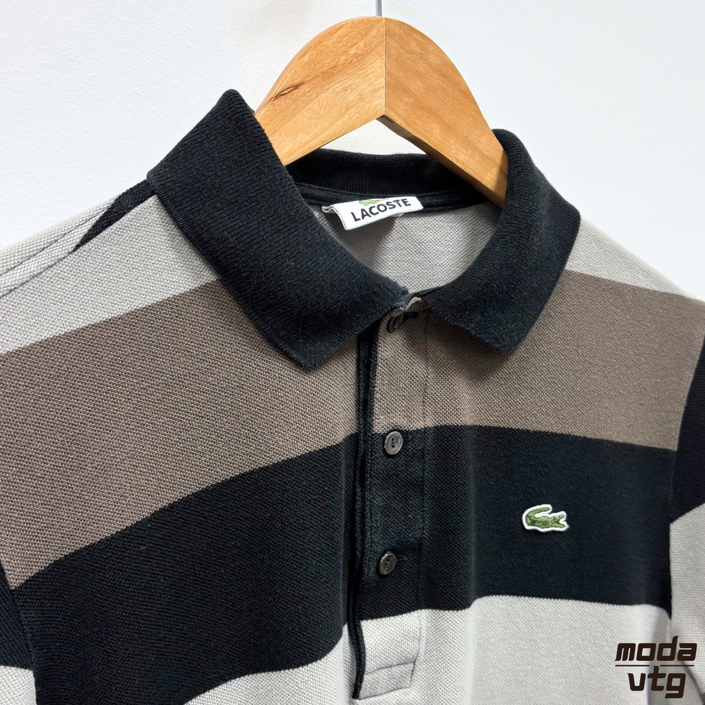 Vintage Y2K Lacoste Polo Brown Small Long Sleeve Striped Retro
