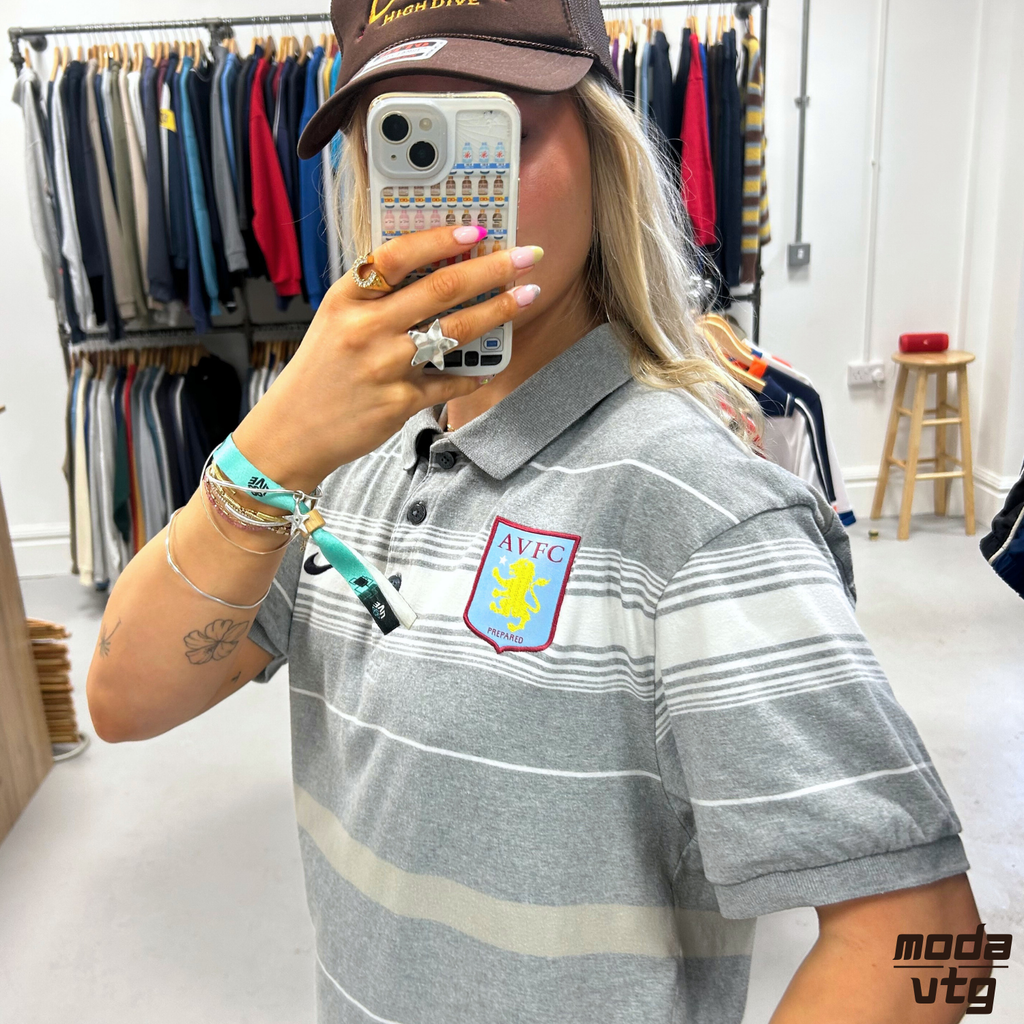 Vintage Y2K Aston Villa Polo Grey Medium Nike Retro Striped Unisex