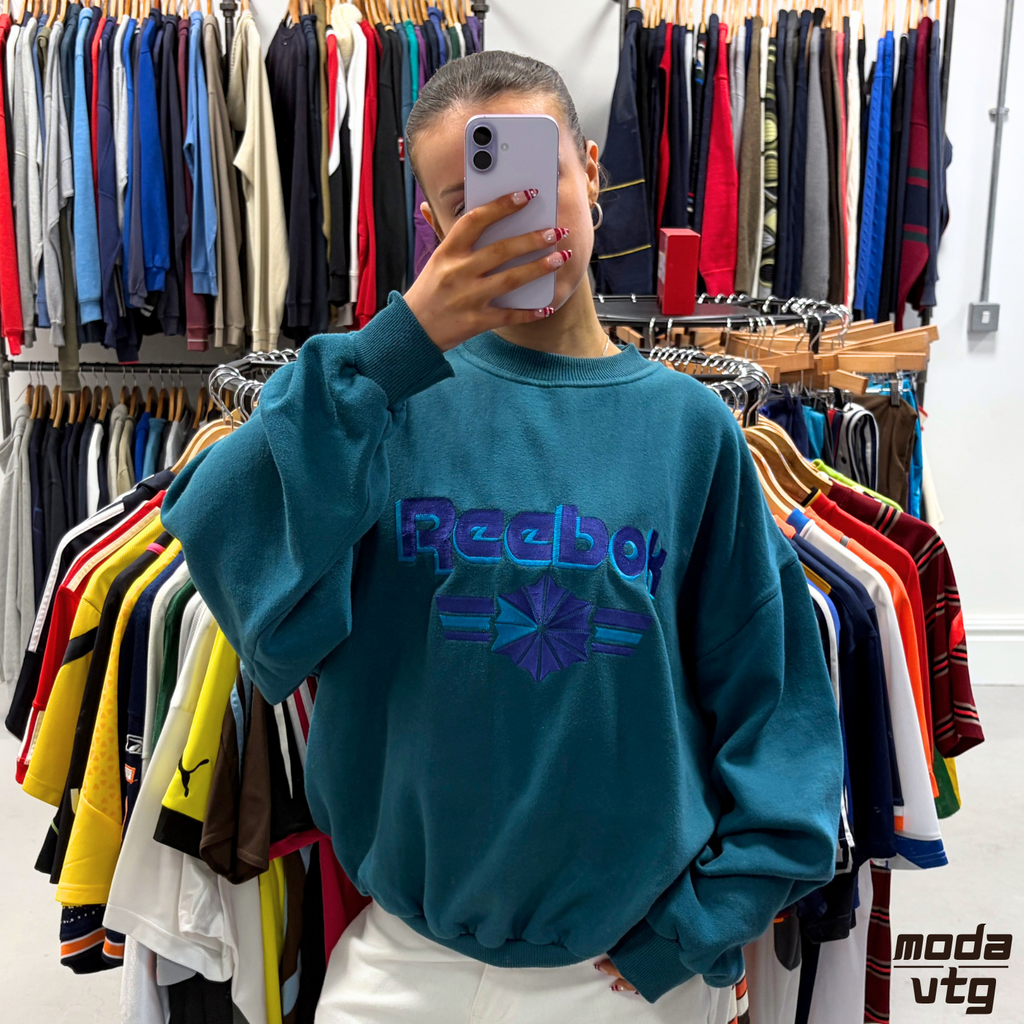Vintage Y2K Reebok Sweatshirt Turquoise Large Retro Unisex