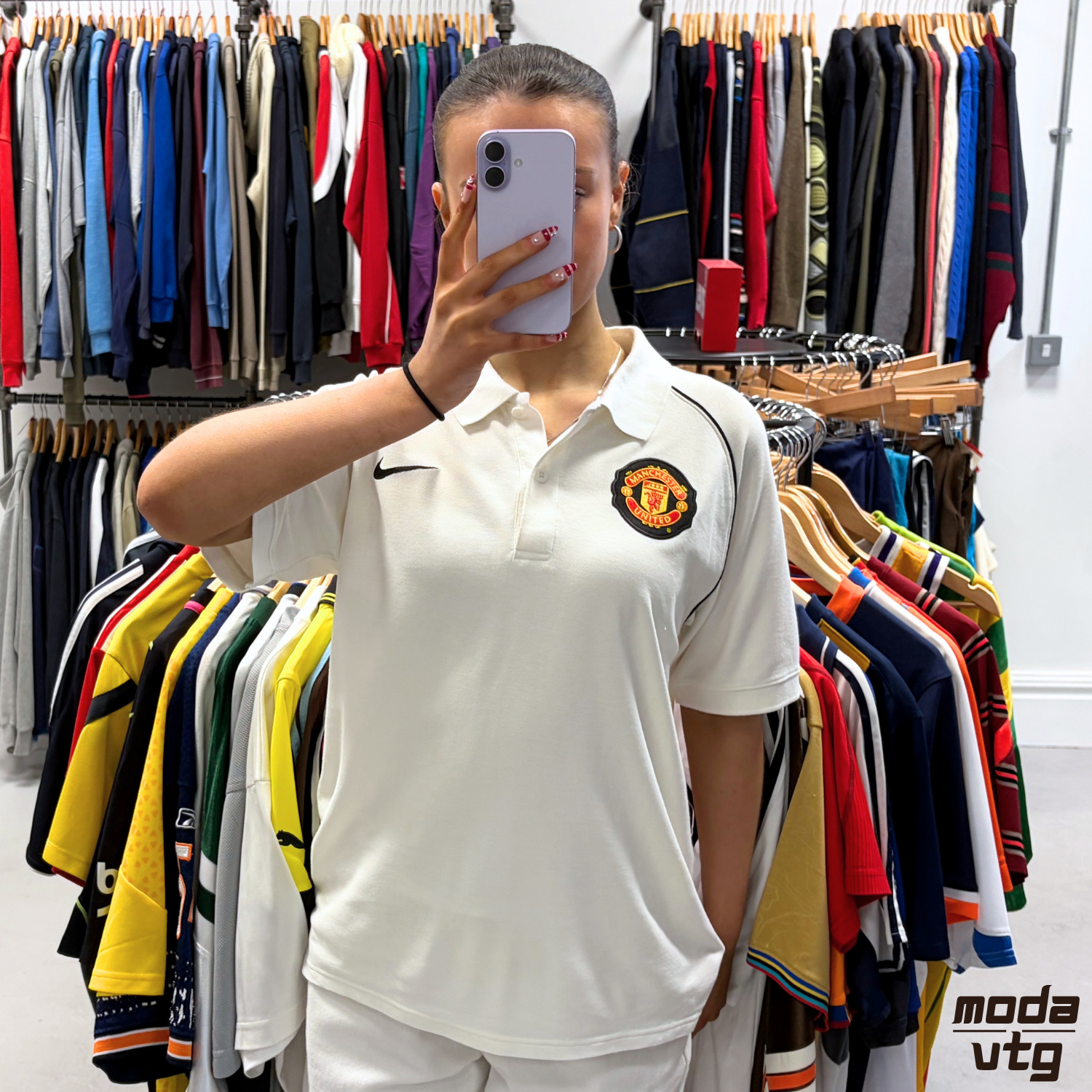Vintage 06/07 Manchester United Polo White Small Retro Nike Unisex Y2K