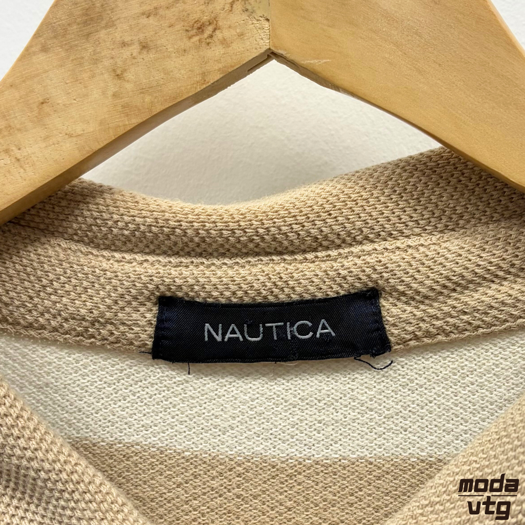 Vintage Y2K Nautica Polo Beige XL Striped Long Sleeve Retro