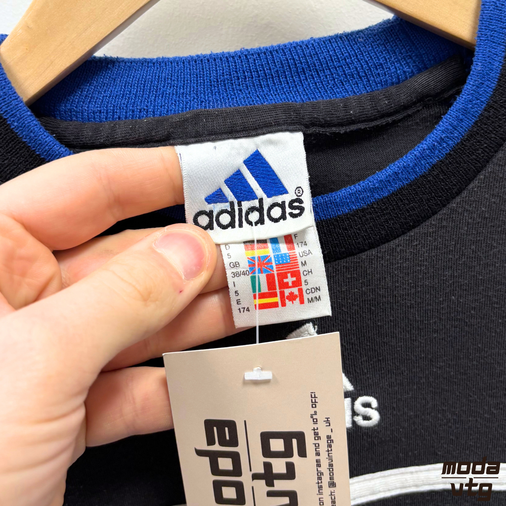 Vintage 90s Adidas T-Shirt Blue Black Medium Holiday Summer