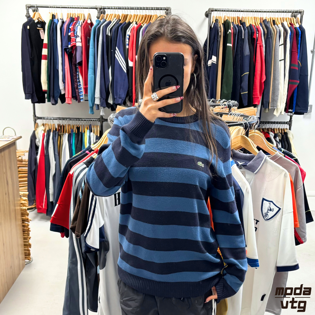 Vintage Y2K Lacoste Knitted Jumper Blue Medium Retro Unisex Striped