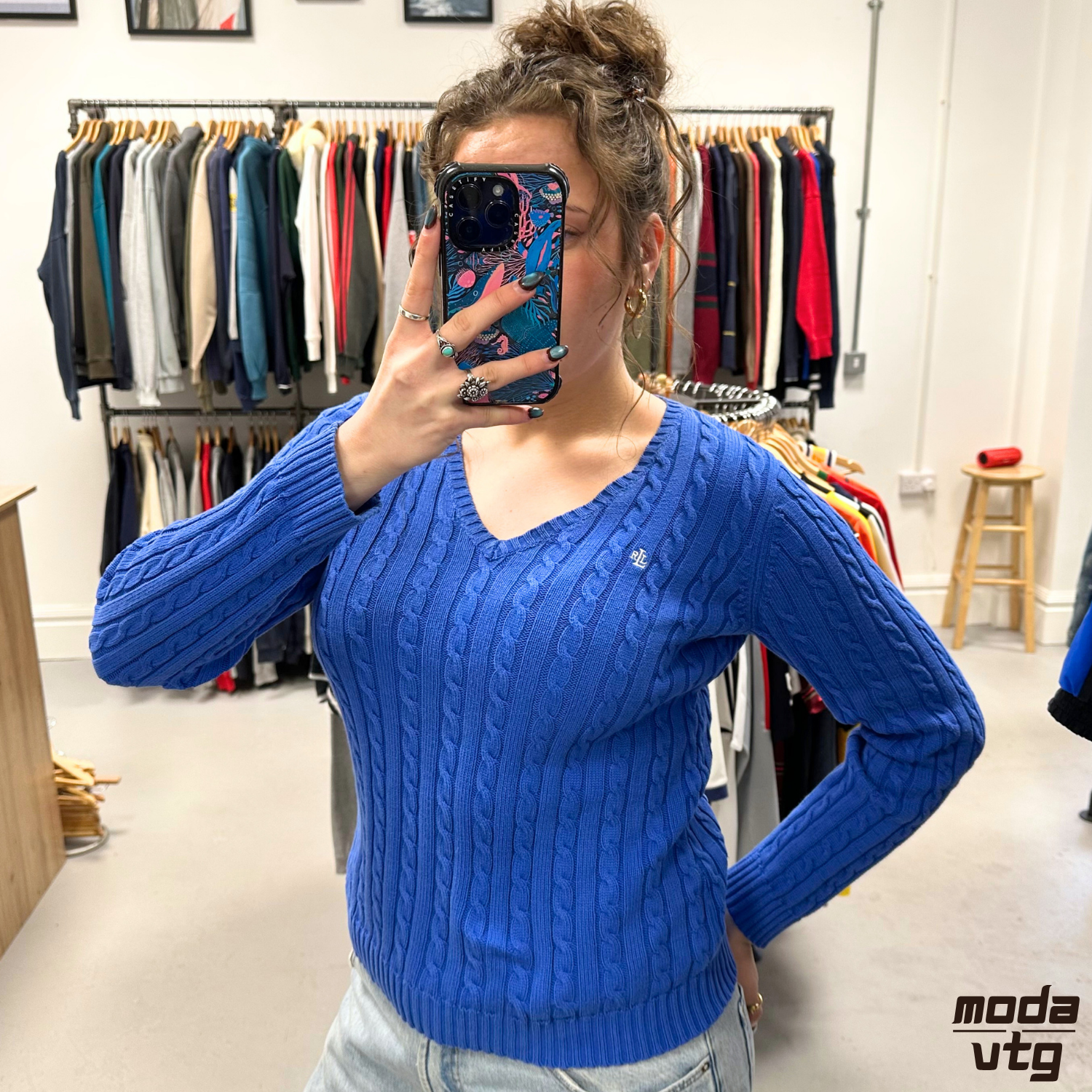 Vintage Y2K Ralph Lauren Knitted Jumper Blue Women’s Small Cable V-Neck
