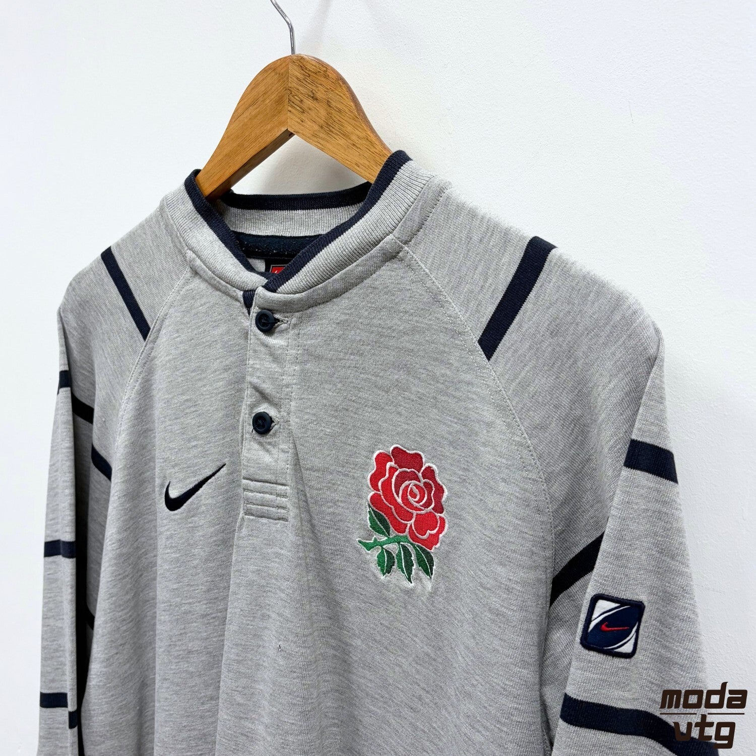 Nike England Rugby Polo Grey Navy Medium Long Sleeve Vintage Y2K Retro Football