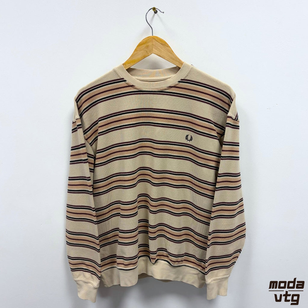 Fred Perry Sweatshirt Beige Small Vintage Y2K Mod Terrace Casuals Retro Striped