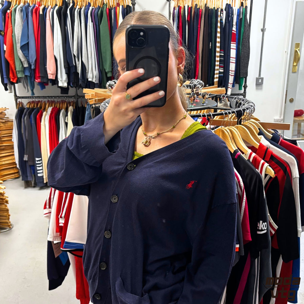Vintage Y2K Ralph Lauren Cardigan Navy Small Cable Unisex Retro