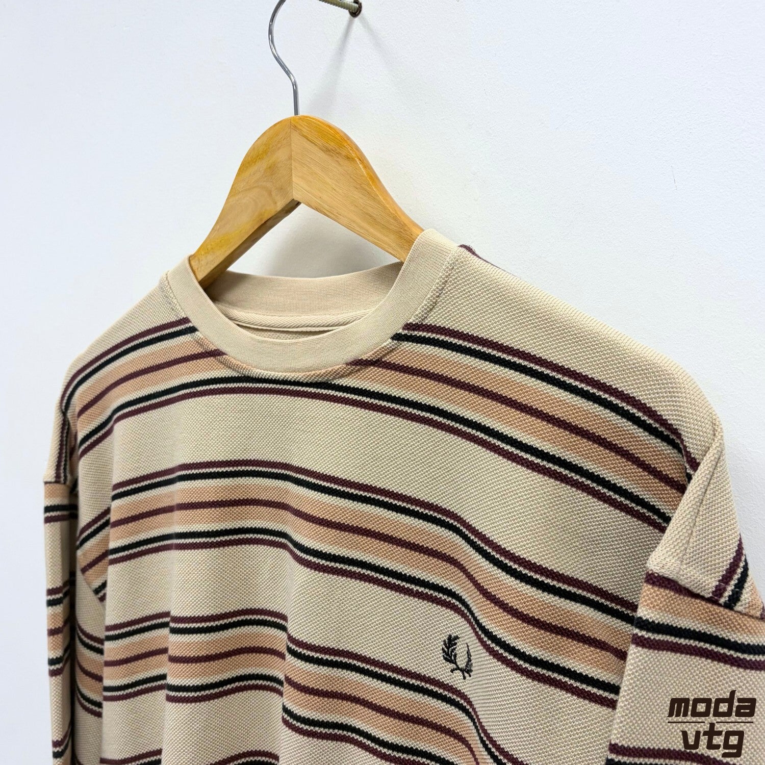 Fred Perry Sweatshirt Beige Small Vintage Y2K Mod Terrace Casuals Retro Striped
