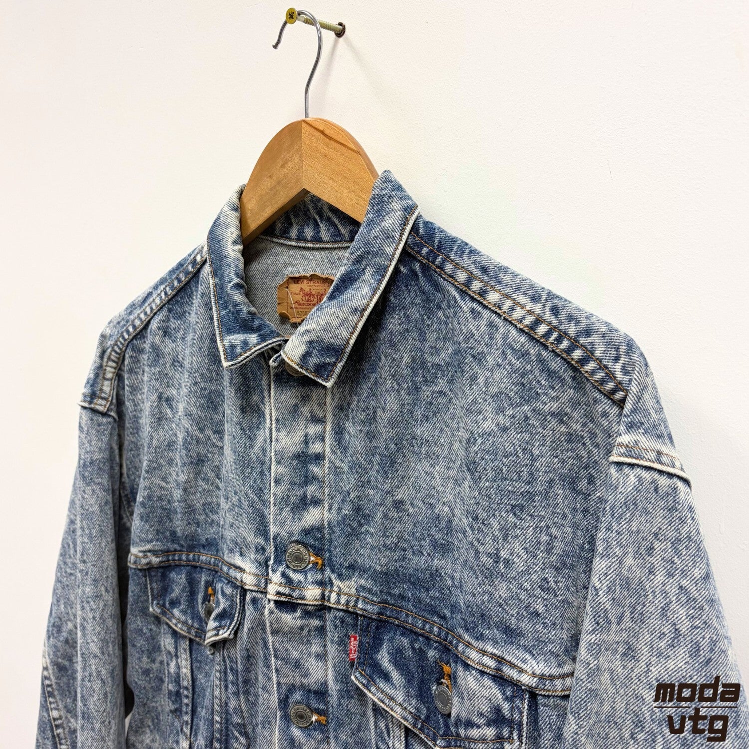 Levis Denim Jacket Acid Wash Made In USA Vintage 80s 57508 Trucker Blue Retro