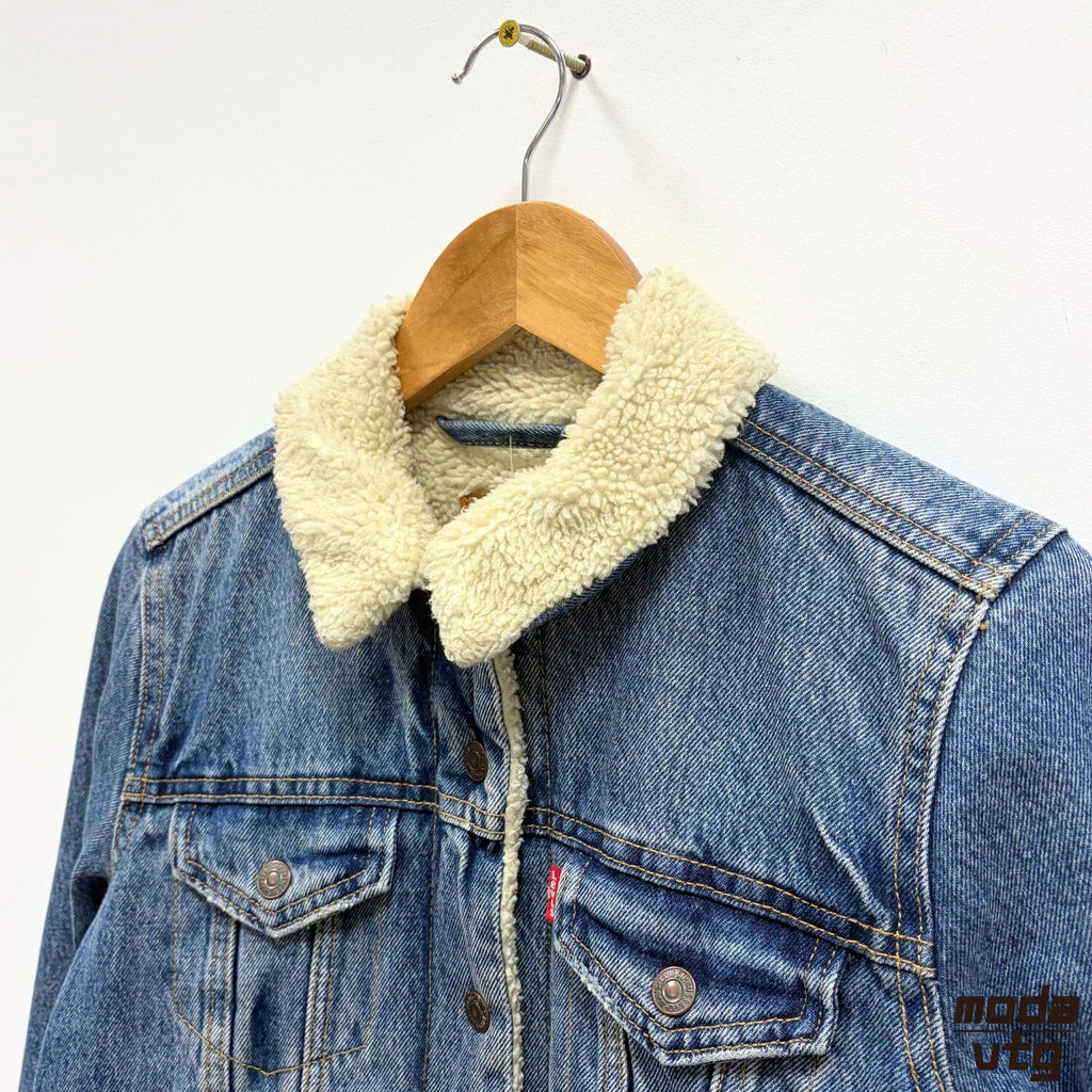 Levis Sherpa Denim Jacket Blue Womens XS Trucker Vintage Lined Workwear Retro