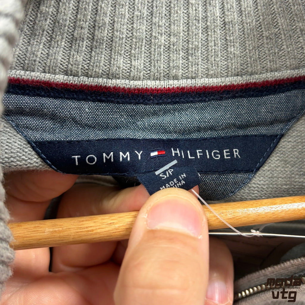 Vintage Y2K Tommy Hilfiger Knitted Jumper Grey Small  Unisex Retro Quarter Zip