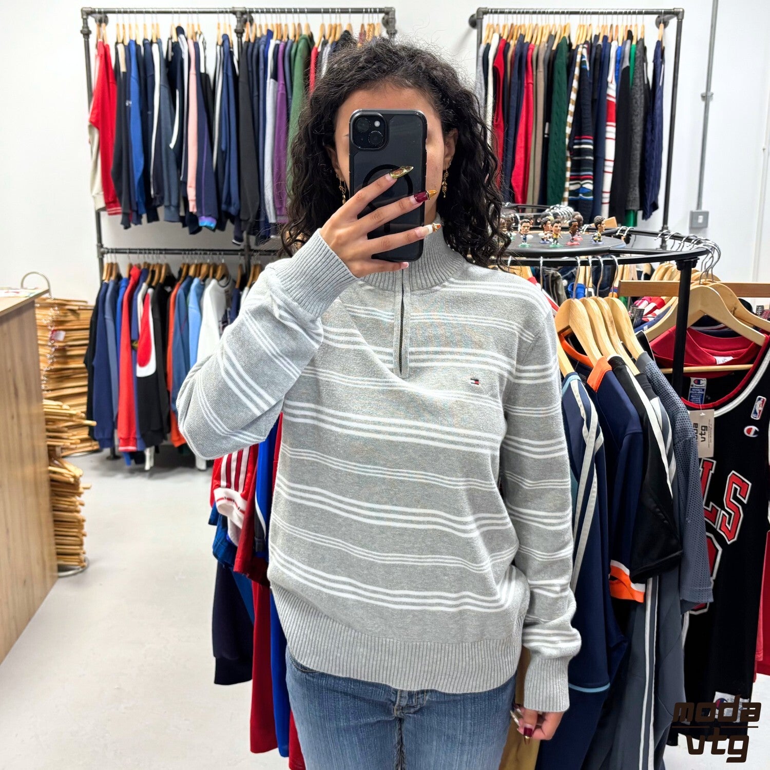 Vintage Y2K Tommy Hilfiger Knitted Jumper Grey Small  Unisex Retro Quarter Zip