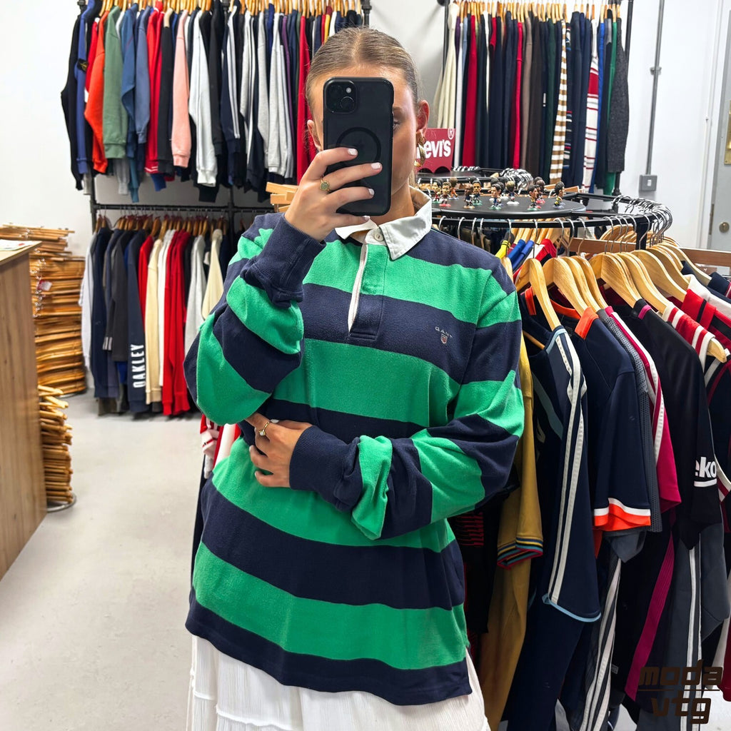 Vintage Y2K GANT Rugby Polo Green Navy Large Retro Unisex Striped