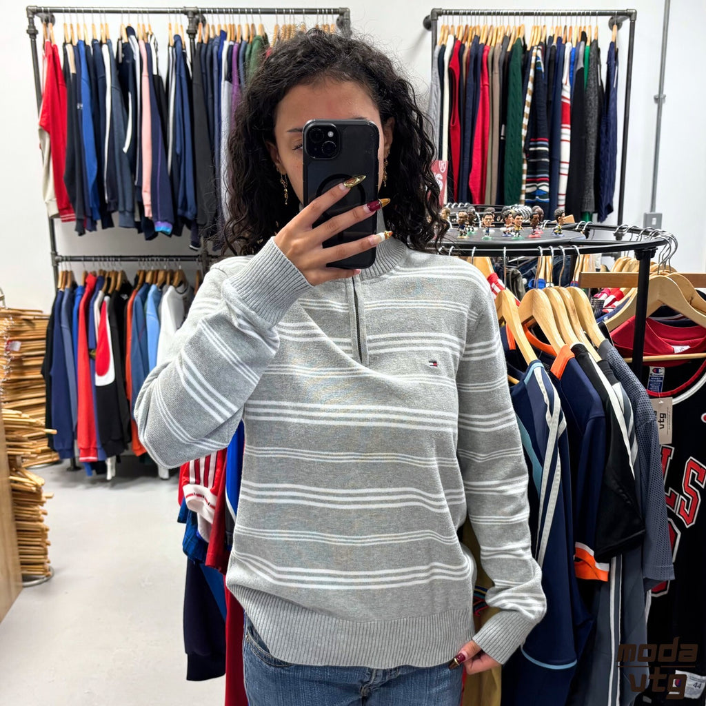Vintage Y2K Tommy Hilfiger Knitted Jumper Grey Small  Unisex Retro Quarter Zip