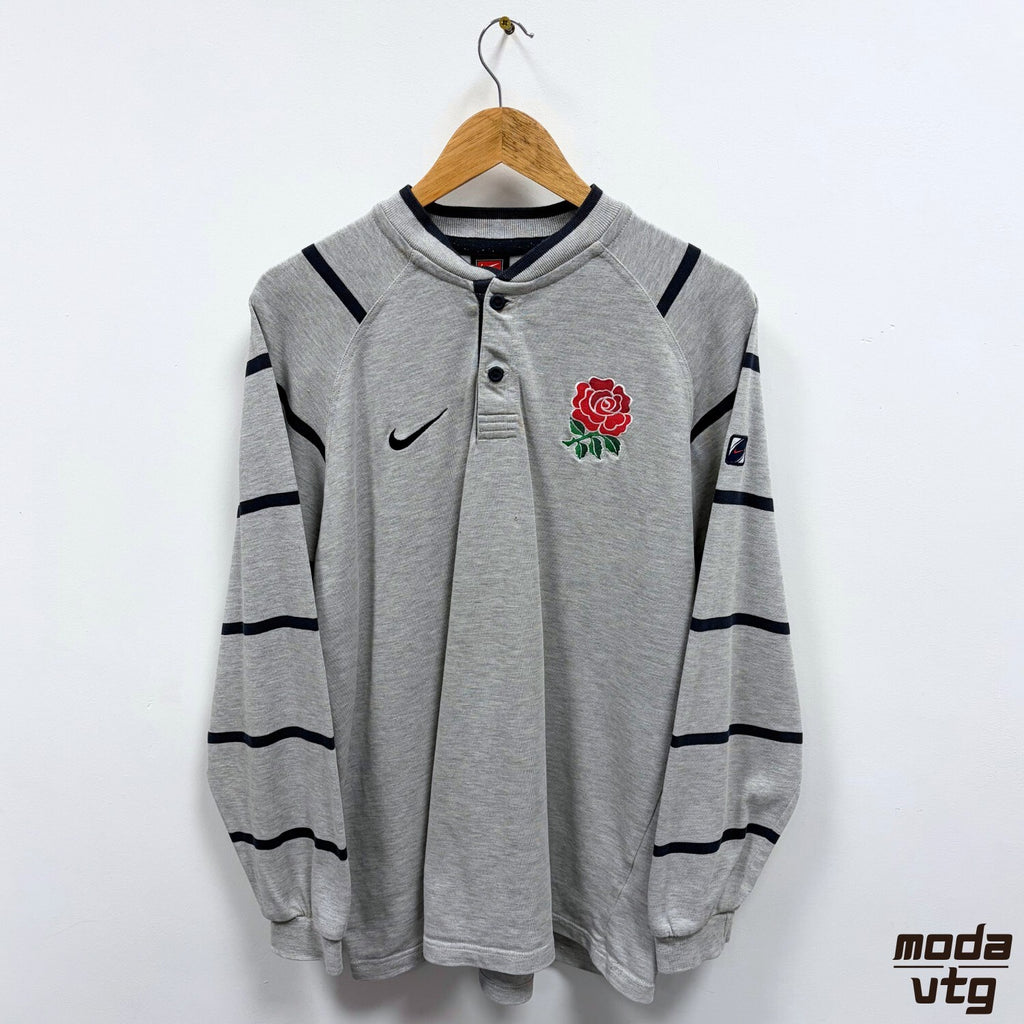 Nike England Rugby Polo Grey Navy Medium Long Sleeve Vintage Y2K Retro Football