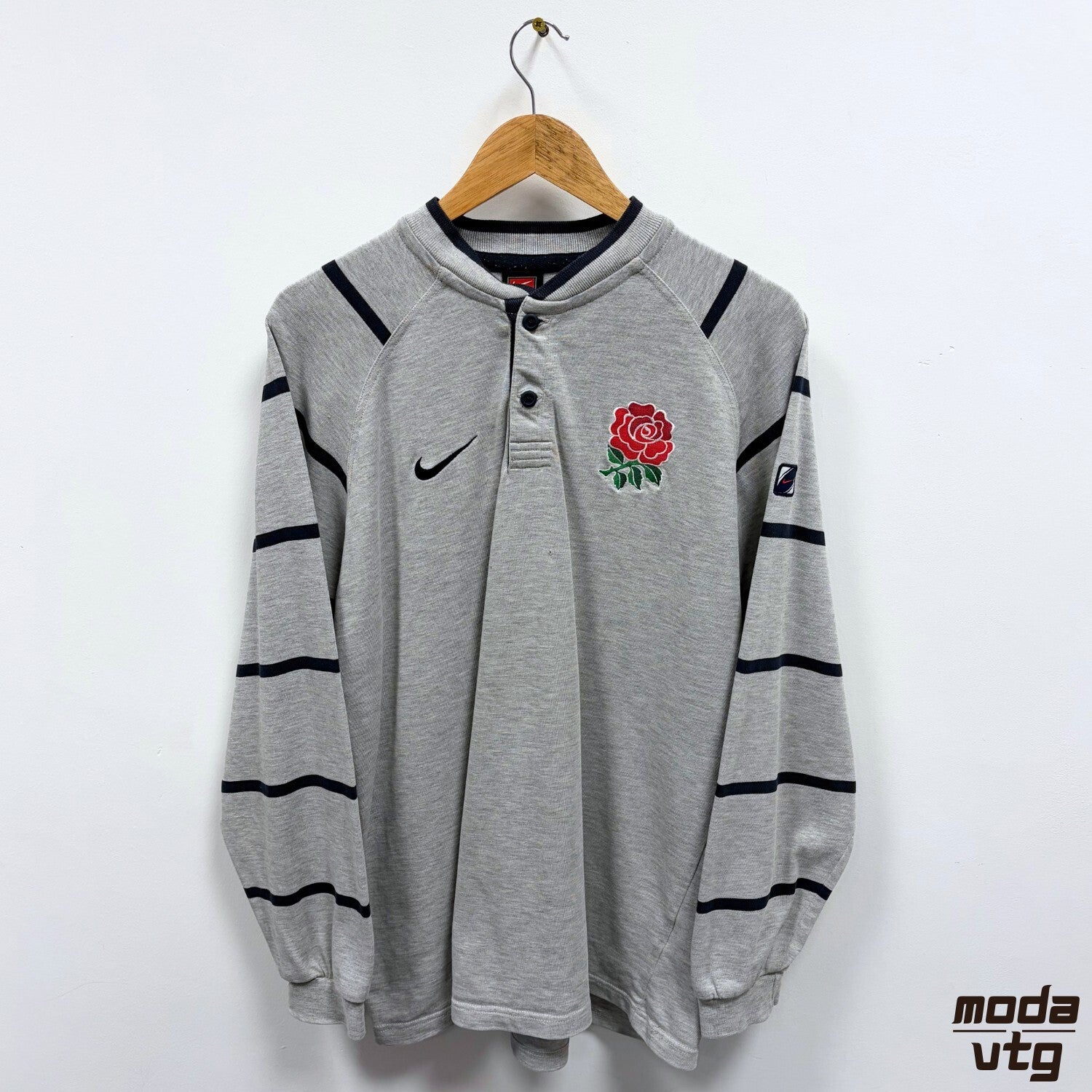 Nike England Rugby Polo Grey Navy Medium Long Sleeve Vintage Y2K Retro Football