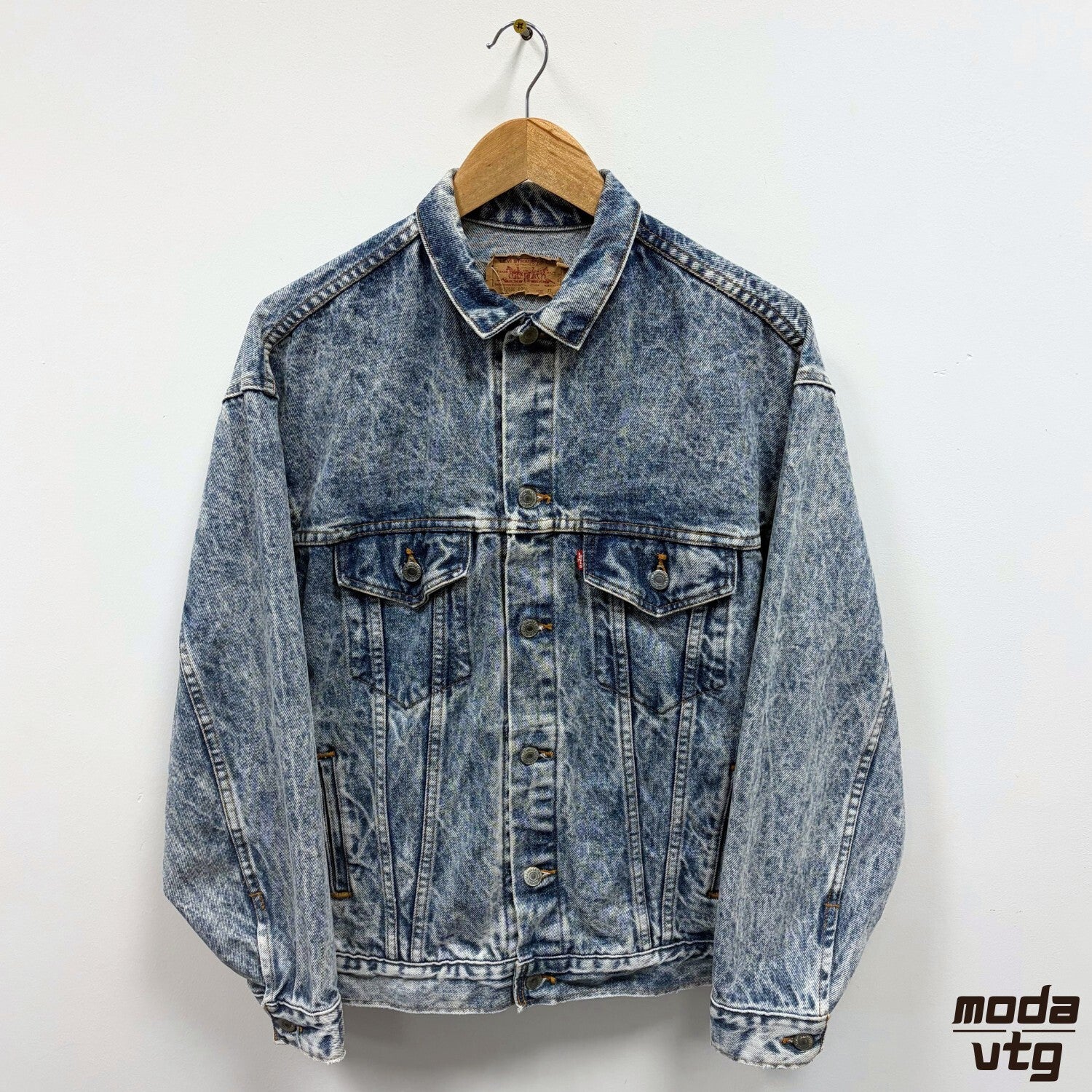 Levis Denim Jacket Acid Wash Made In USA Vintage 80s 57508 Trucker Blue Retro