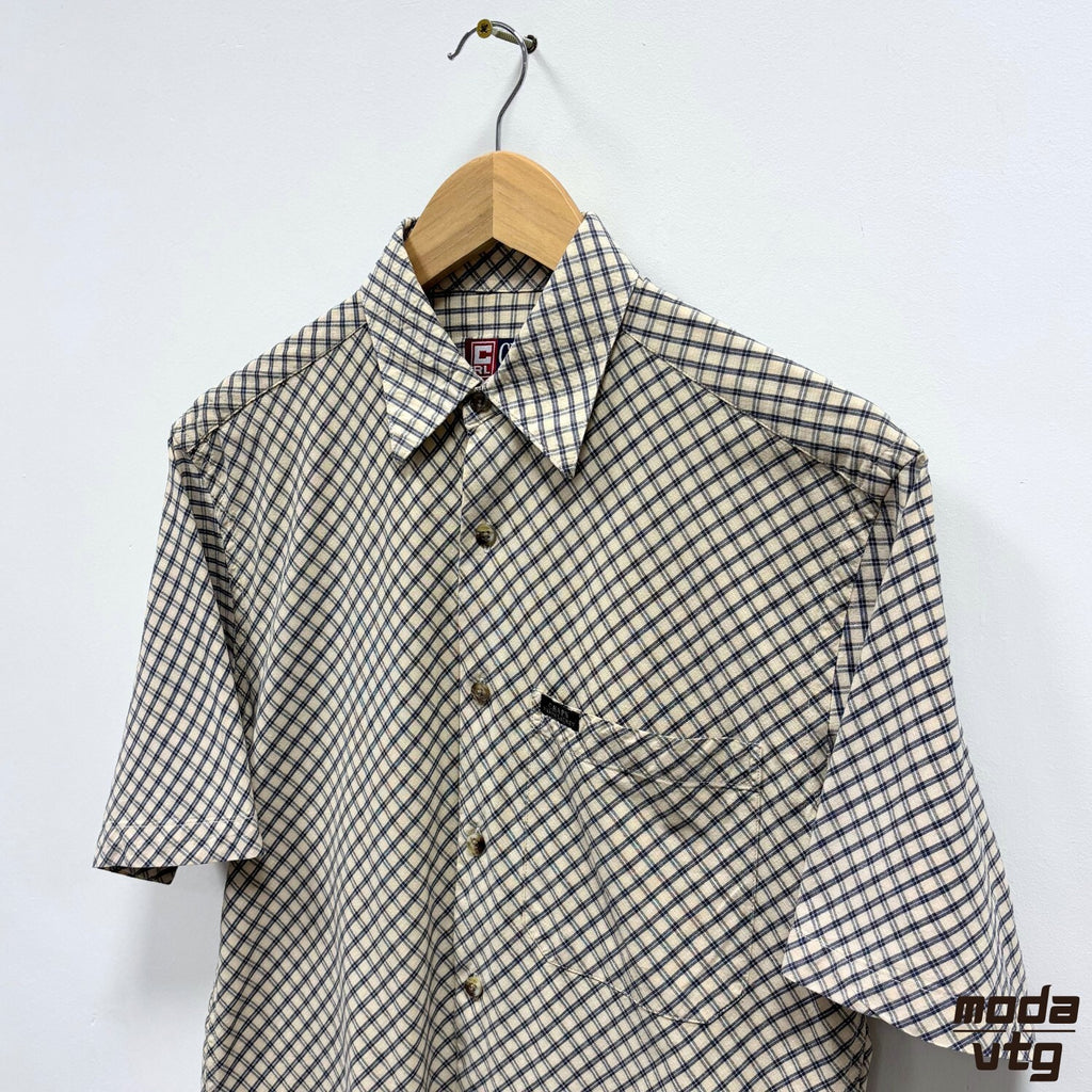 Chaps Ralph Lauren Shirt Beige Navy Checked Short Sleeve Vintage Preppy Retro