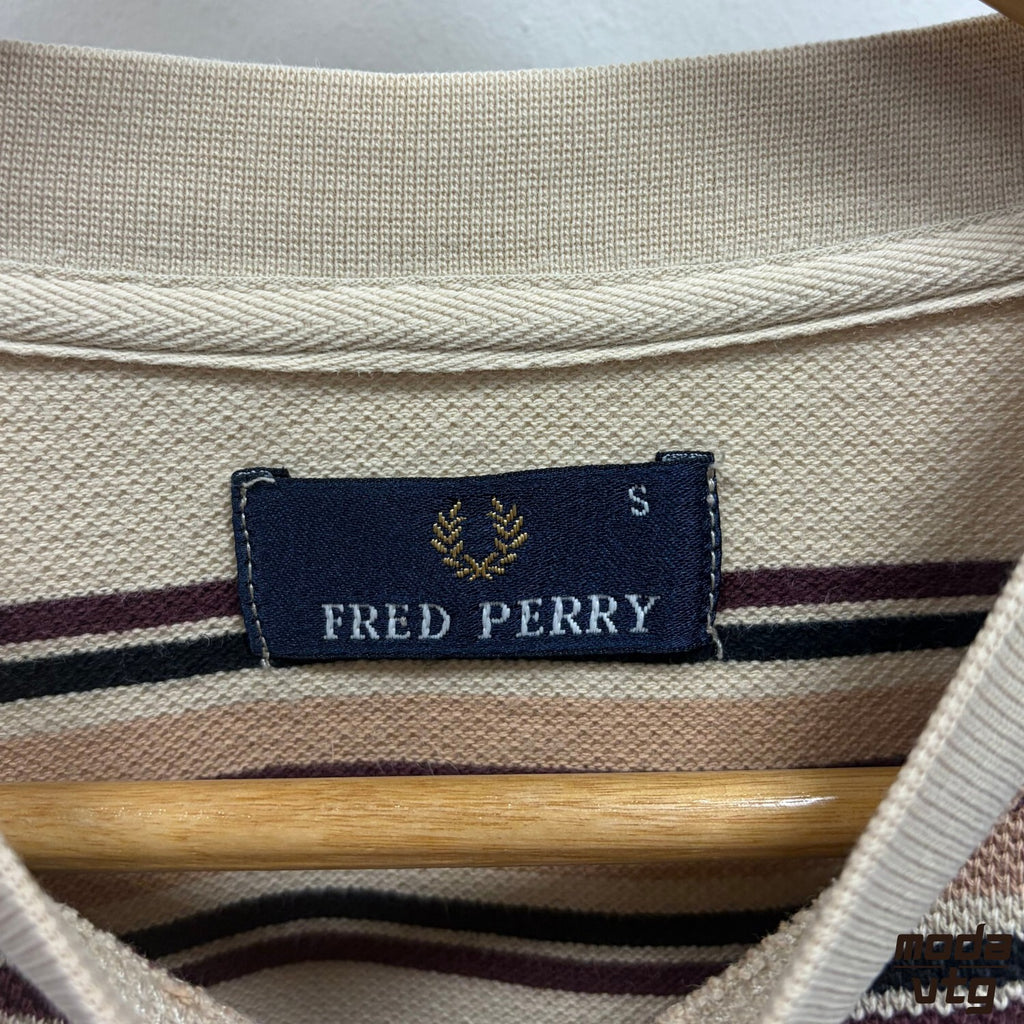 Fred Perry Sweatshirt Beige Small Vintage Y2K Mod Terrace Casuals Retro Striped